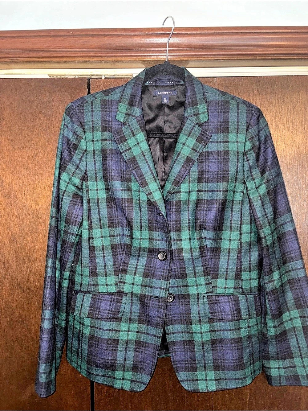 Lands' End Women's Plaid Blazer in Green & Blue Size 14